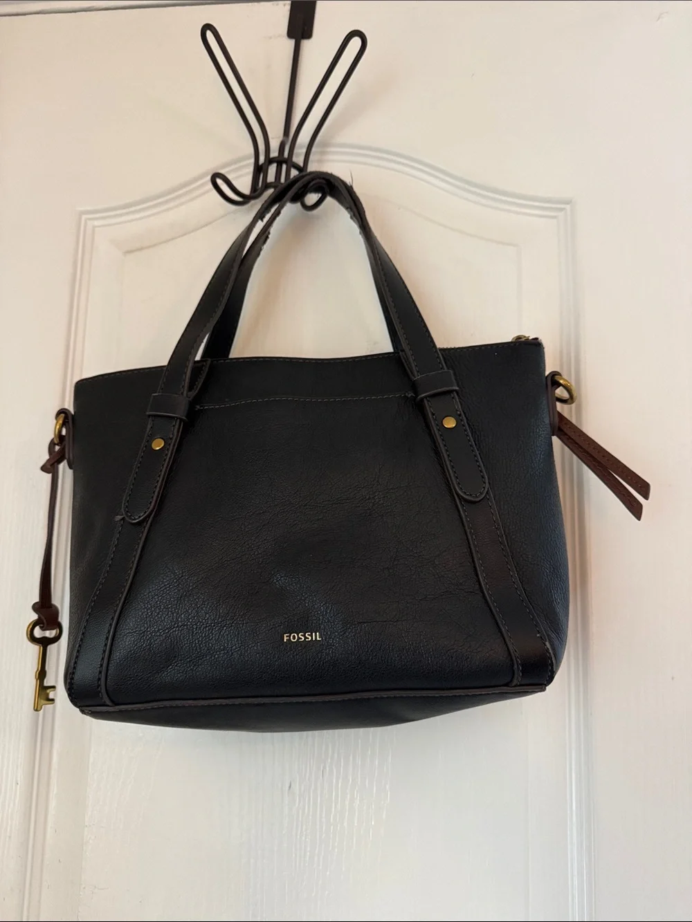 Fossil Black Leather Satchel with Brown Strap Accent